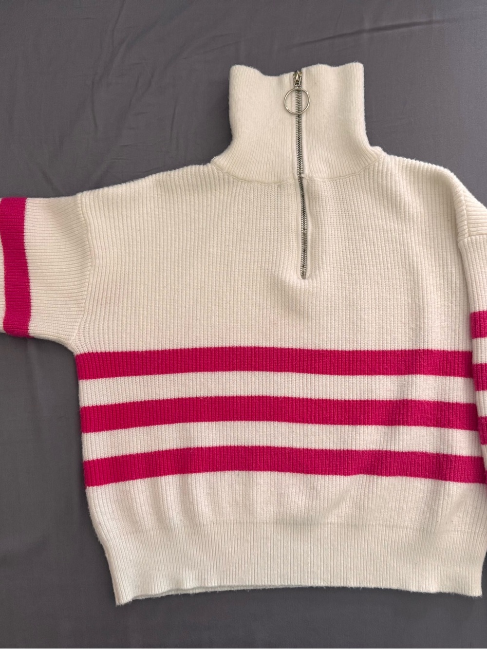 Girl’s White Half-Zip Sweater with Pink Stripes